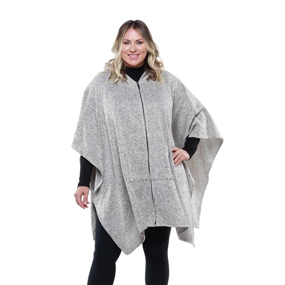 Women's Linda Anderson Le Moda Full Zip Hooded Grey Marl Poncho One Size - Picture 1 of 13